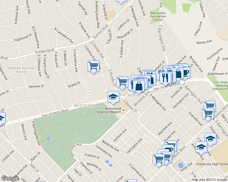 map of restaurants, bars, coffee shops, grocery stores, and more near 651 South Bundy Drive in Los Angeles