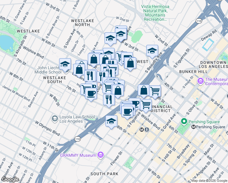 map of restaurants, bars, coffee shops, grocery stores, and more near 1055 Wilshire Boulevard in Los Angeles
