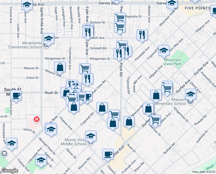map of restaurants, bars, coffee shops, grocery stores, and more near 11228 Fineview Street in El Monte
