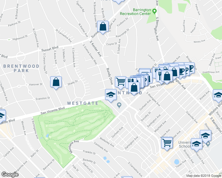 map of restaurants, bars, coffee shops, grocery stores, and more near 651 South Bundy Drive in Los Angeles