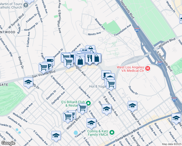 map of restaurants, bars, coffee shops, grocery stores, and more near 11627 Mayfield Avenue in Los Angeles