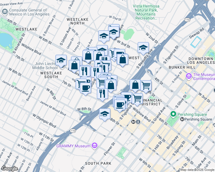 map of restaurants, bars, coffee shops, grocery stores, and more near 1055 Wilshire Boulevard in Los Angeles