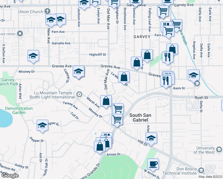map of restaurants, bars, coffee shops, grocery stores, and more near 2104 Del Mar Avenue in Rosemead
