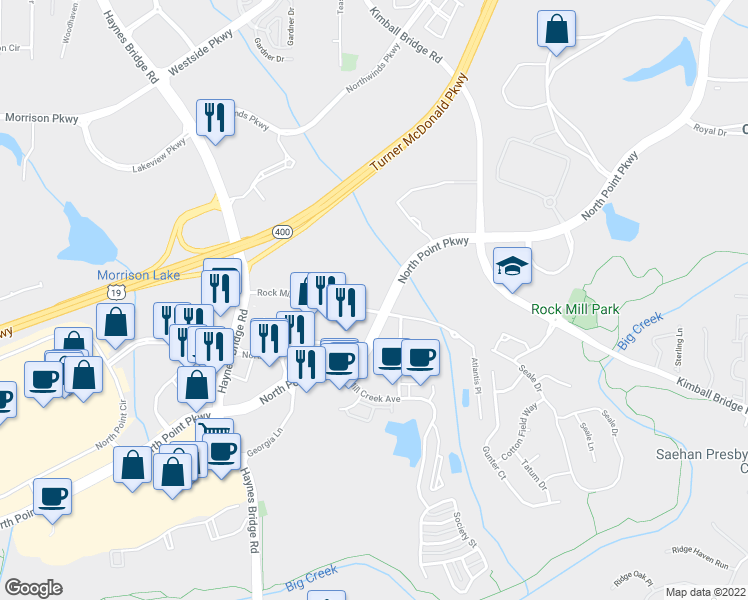 map of restaurants, bars, coffee shops, grocery stores, and more near 5755 North Point Parkway in Alpharetta
