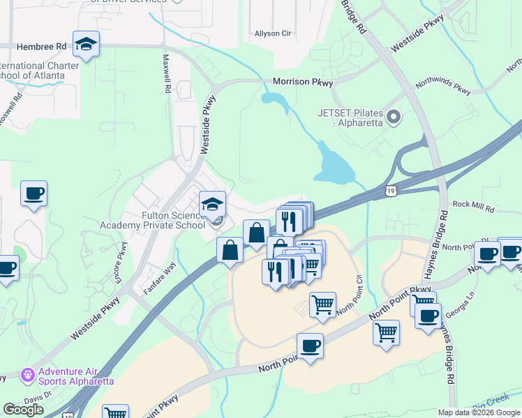 map of restaurants, bars, coffee shops, grocery stores, and more near 360 Duval Drive in Alpharetta