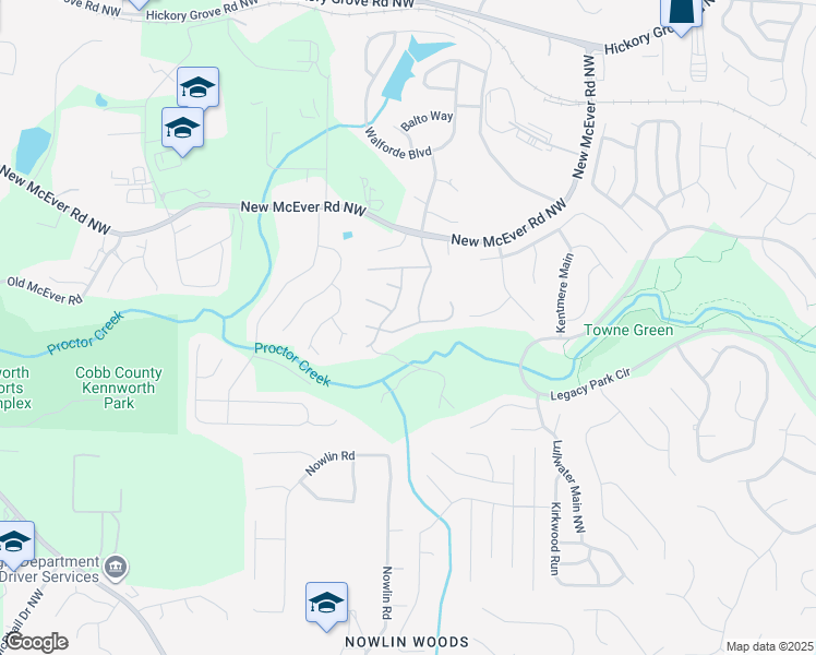 map of restaurants, bars, coffee shops, grocery stores, and more near 3158 Forest Grove Trail in Acworth
