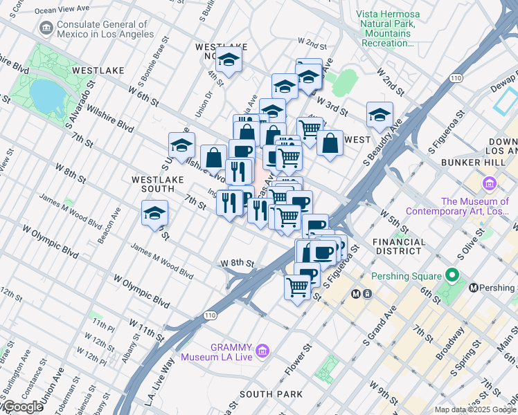 map of restaurants, bars, coffee shops, grocery stores, and more near 1145 Wilshire Boulevard in Los Angeles