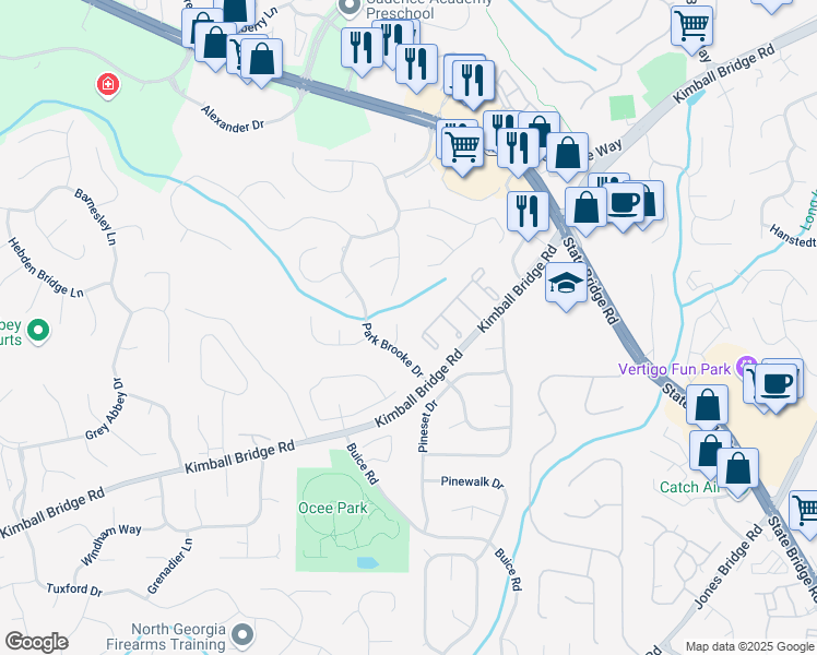 map of restaurants, bars, coffee shops, grocery stores, and more near 4272 Blue House Lane in Alpharetta