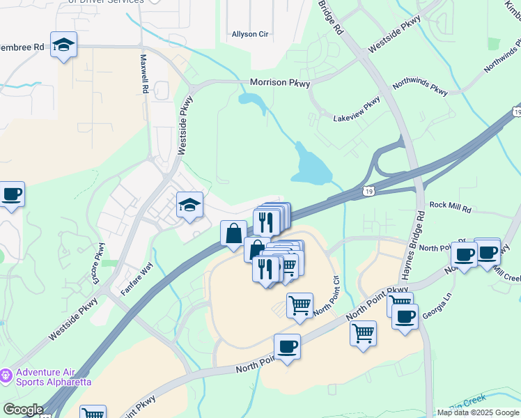 map of restaurants, bars, coffee shops, grocery stores, and more near 495 Duval Drive in Alpharetta