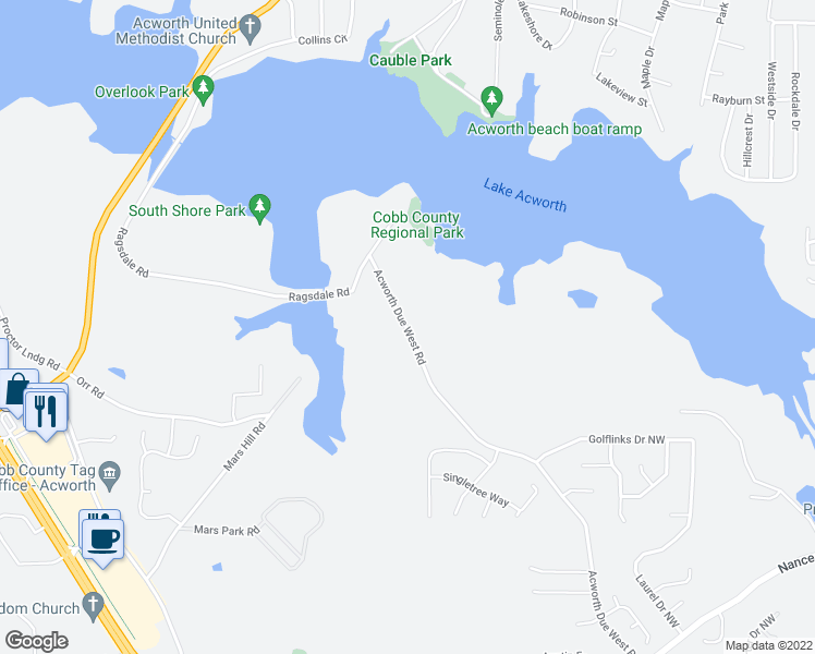 map of restaurants, bars, coffee shops, grocery stores, and more near 4056 Acworth Due West Road in Acworth