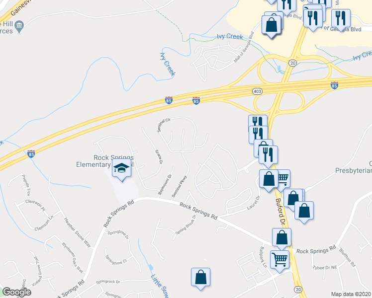 map of restaurants, bars, coffee shops, grocery stores, and more near 3085 Sentinel Parkway in Lawrenceville
