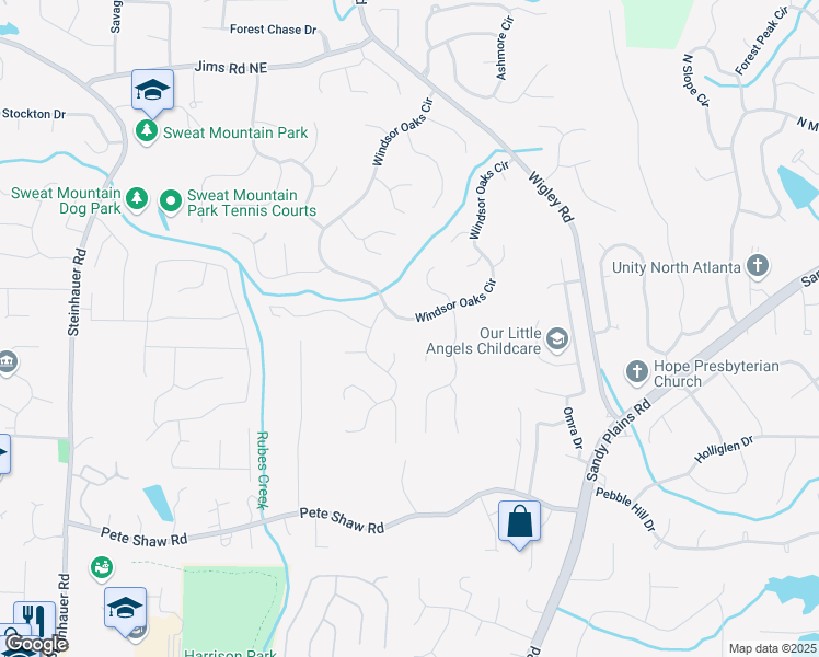 map of restaurants, bars, coffee shops, grocery stores, and more near 4433 Windsor Oaks Circle in Marietta