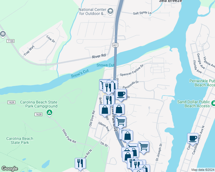 map of restaurants, bars, coffee shops, grocery stores, and more near 625 Spencer-Farlow Drive in Carolina Beach