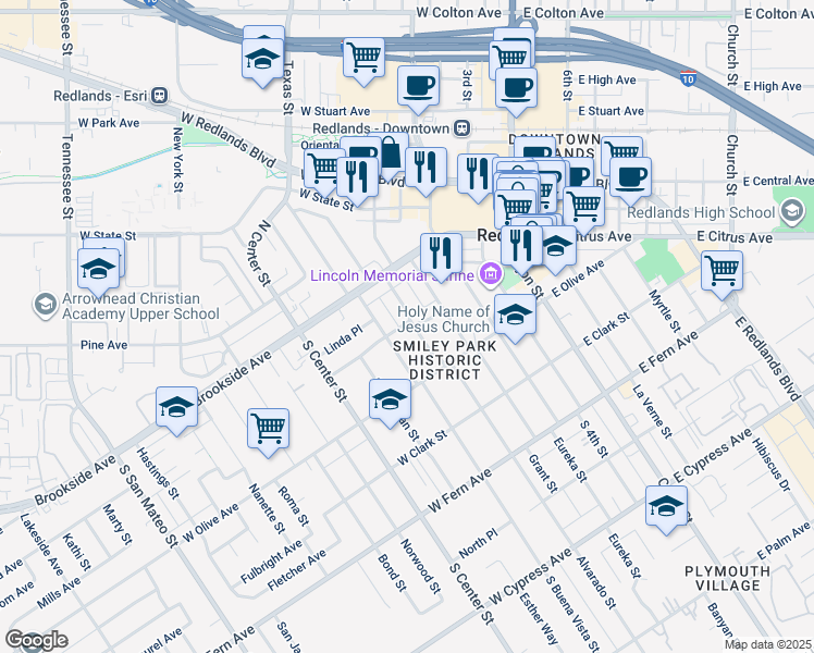 map of restaurants, bars, coffee shops, grocery stores, and more near 401 Glenwood Drive in Redlands