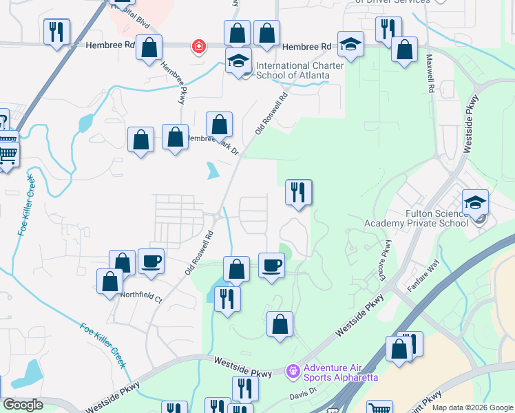 map of restaurants, bars, coffee shops, grocery stores, and more near 1086 Heyward Way in Alpharetta
