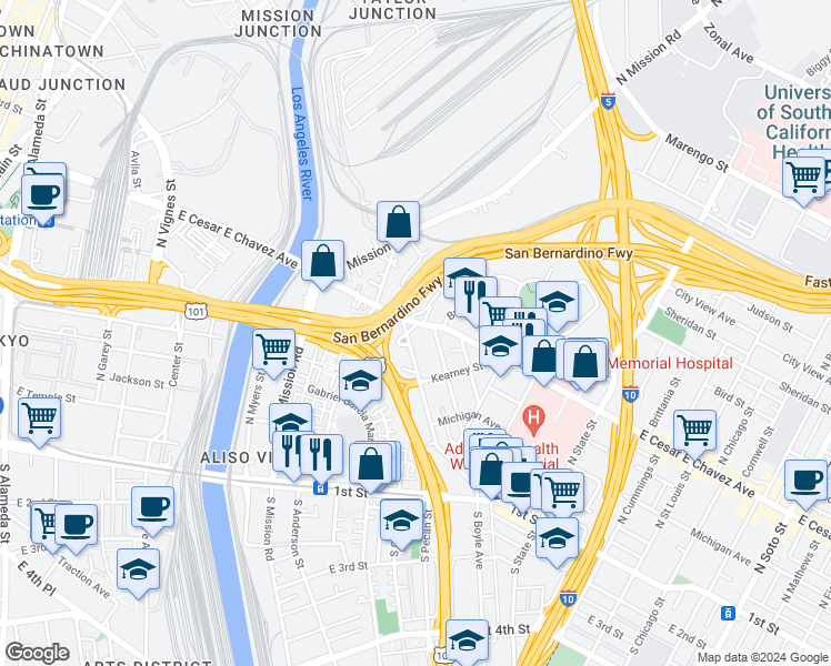 map of restaurants, bars, coffee shops, grocery stores, and more near 1310 East Cesar E Chavez Avenue in Los Angeles
