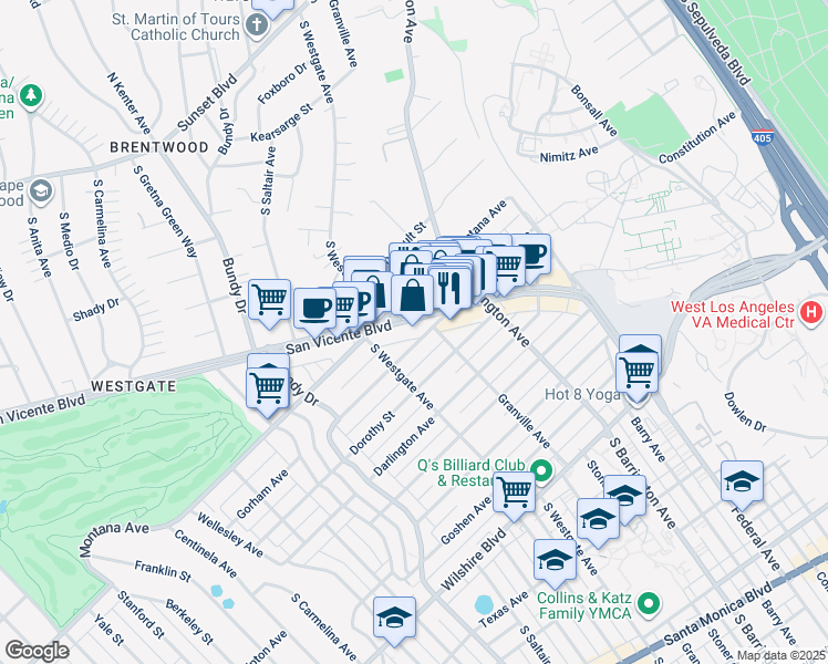 map of restaurants, bars, coffee shops, grocery stores, and more near 11812 San Vicente Boulevard in Los Angeles