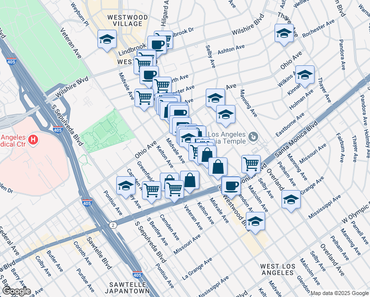 map of restaurants, bars, coffee shops, grocery stores, and more near 1561 Westwood Boulevard in Los Angeles