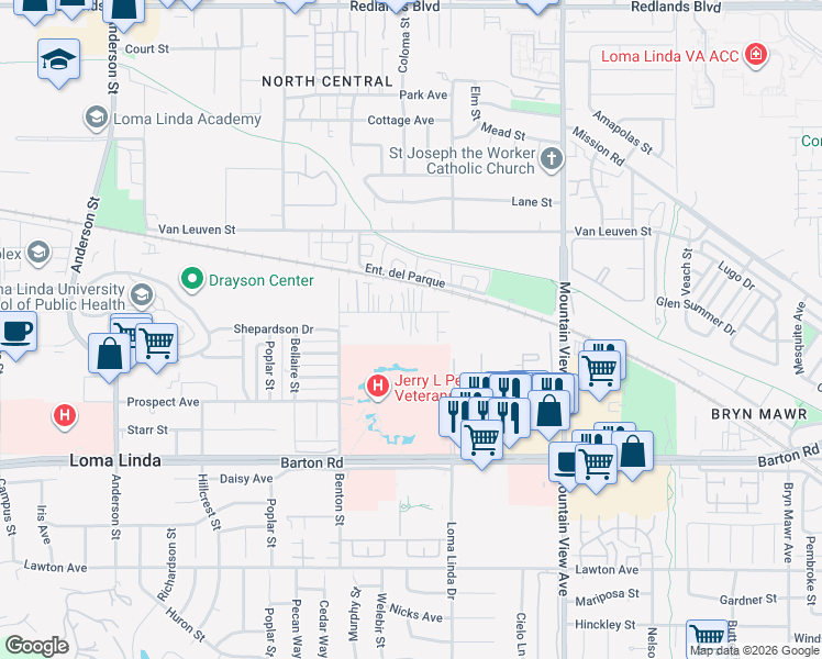 map of restaurants, bars, coffee shops, grocery stores, and more near 25461 Cole Street in Loma Linda