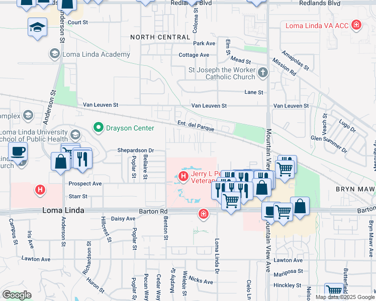 map of restaurants, bars, coffee shops, grocery stores, and more near 25393 Cole Street in Loma Linda