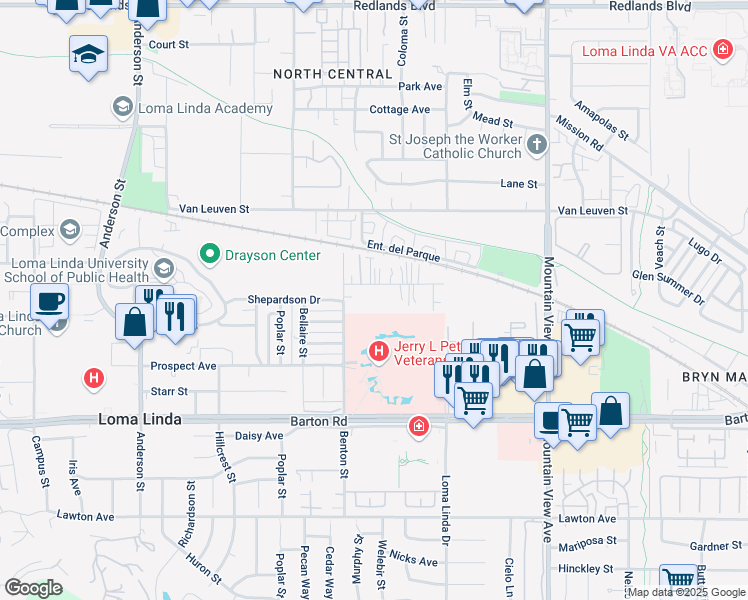 map of restaurants, bars, coffee shops, grocery stores, and more near 25393 Cole Street in Loma Linda