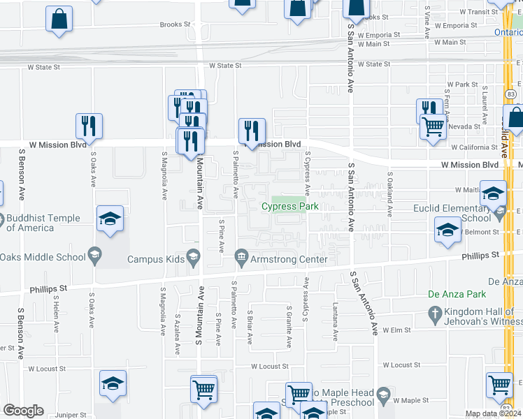 map of restaurants, bars, coffee shops, grocery stores, and more near 1031 South Palmetto Avenue in Ontario