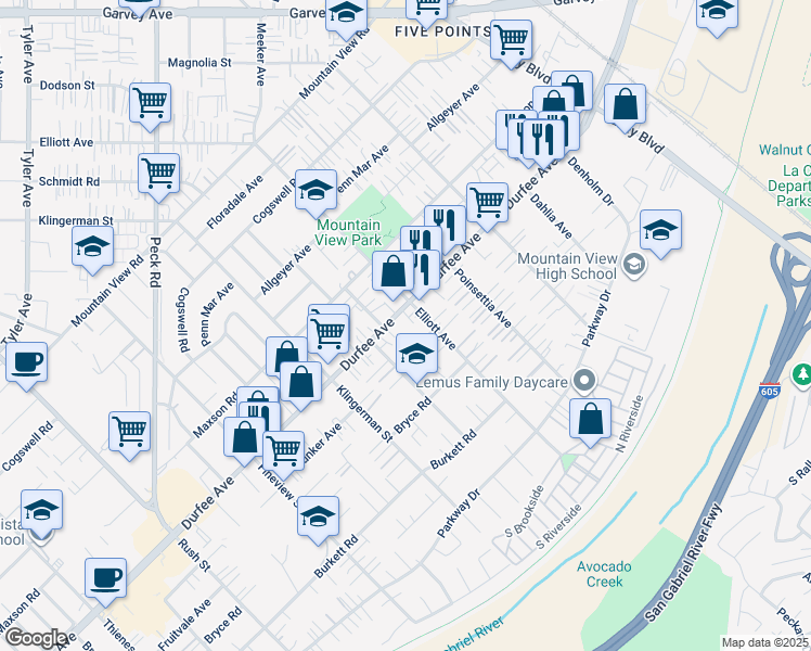map of restaurants, bars, coffee shops, grocery stores, and more near in El Monte