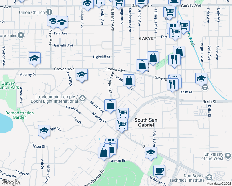 map of restaurants, bars, coffee shops, grocery stores, and more near 2104 Del Mar Avenue in Rosemead