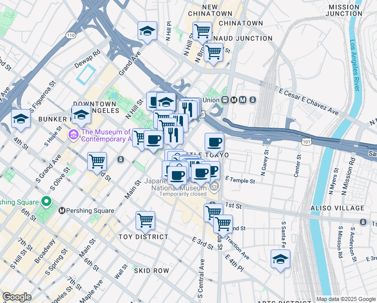 map of restaurants, bars, coffee shops, grocery stores, and more near 220 Market Court in Los Angeles