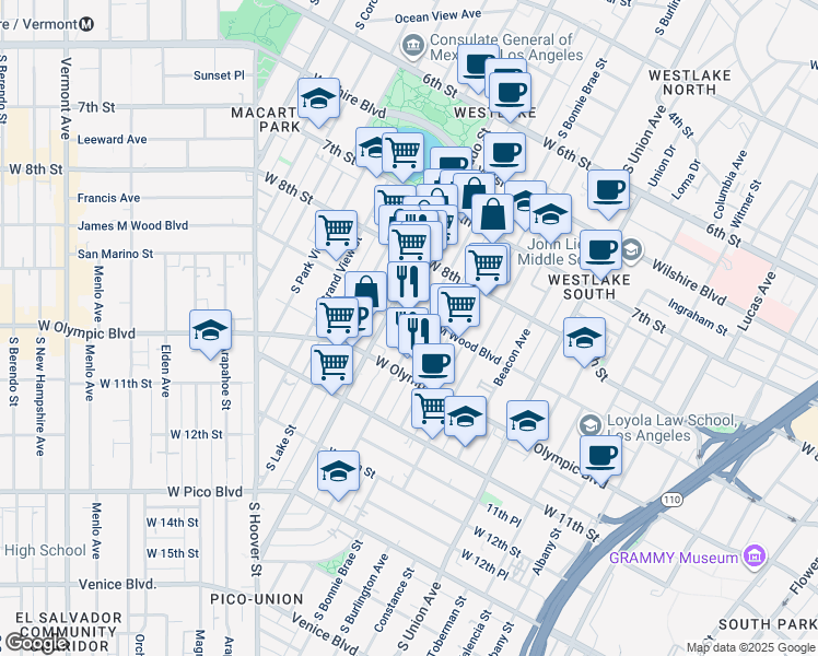 map of restaurants, bars, coffee shops, grocery stores, and more near 2010 West 9th Street in Los Angeles