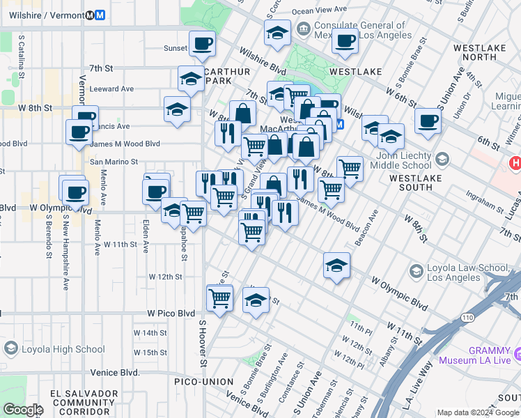 map of restaurants, bars, coffee shops, grocery stores, and more near 933 South Lake Street in Los Angeles