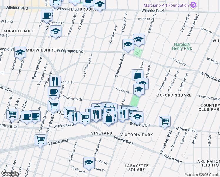 map of restaurants, bars, coffee shops, grocery stores, and more near 1172 South Hudson Avenue in Los Angeles