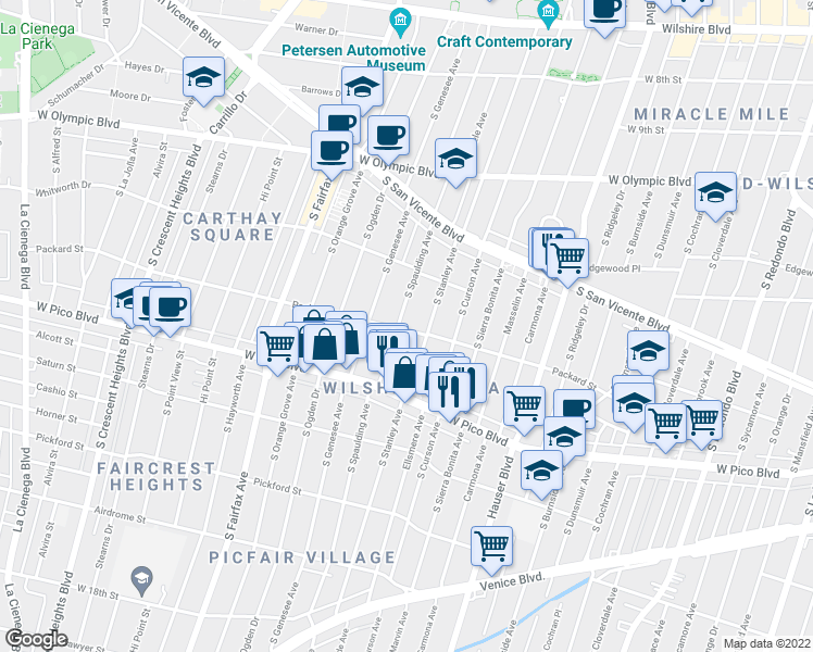 map of restaurants, bars, coffee shops, grocery stores, and more near 1243 South Stanley Avenue in Los Angeles