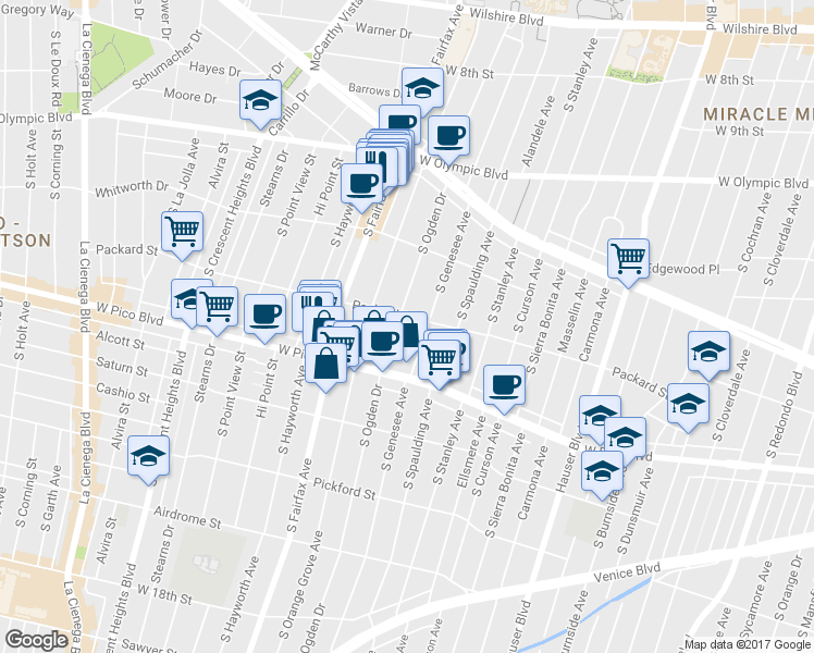 map of restaurants, bars, coffee shops, grocery stores, and more near 1258 South Ogden Drive in Los Angeles