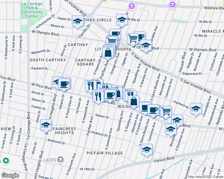 map of restaurants, bars, coffee shops, grocery stores, and more near 1258 South Ogden Drive in Los Angeles