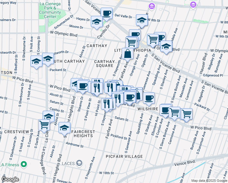 map of restaurants, bars, coffee shops, grocery stores, and more near 1215 South Fairfax Avenue in Los Angeles