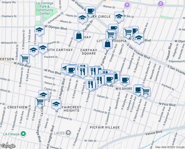map of restaurants, bars, coffee shops, grocery stores, and more near 1222 Hi Point Street in Los Angeles