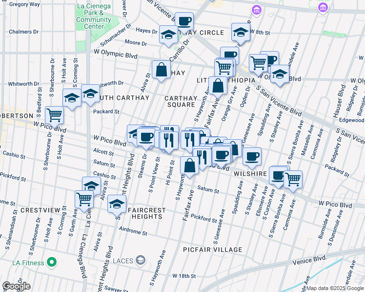 map of restaurants, bars, coffee shops, grocery stores, and more near 1222 Hi Point Street in Los Angeles