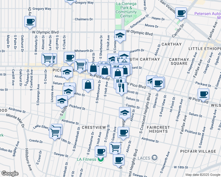map of restaurants, bars, coffee shops, grocery stores, and more near 1423 South Holt Avenue in Los Angeles