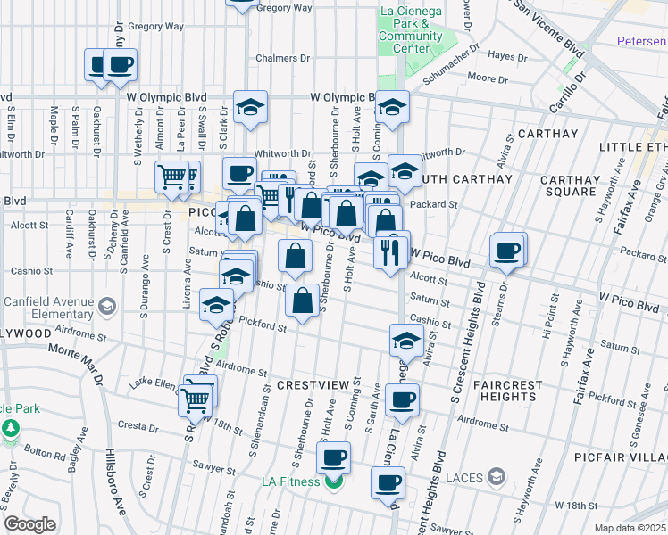 map of restaurants, bars, coffee shops, grocery stores, and more near 1431 South Sherbourne Drive in Los Angeles