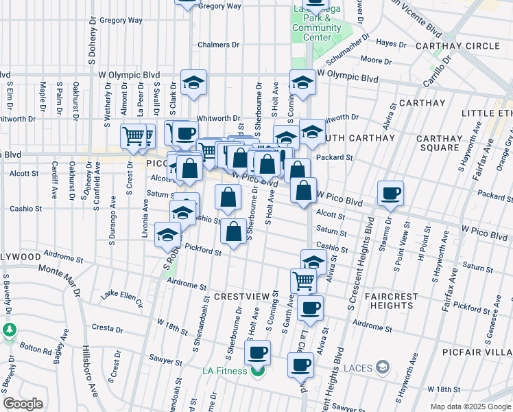 map of restaurants, bars, coffee shops, grocery stores, and more near 1431 South Sherbourne Drive in Los Angeles
