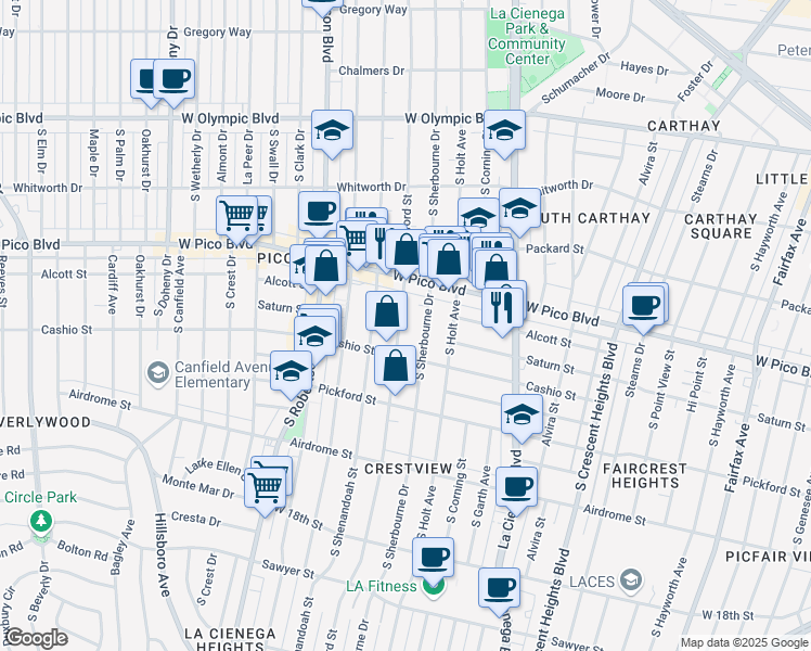 map of restaurants, bars, coffee shops, grocery stores, and more near 1431 South Sherbourne Drive in Los Angeles
