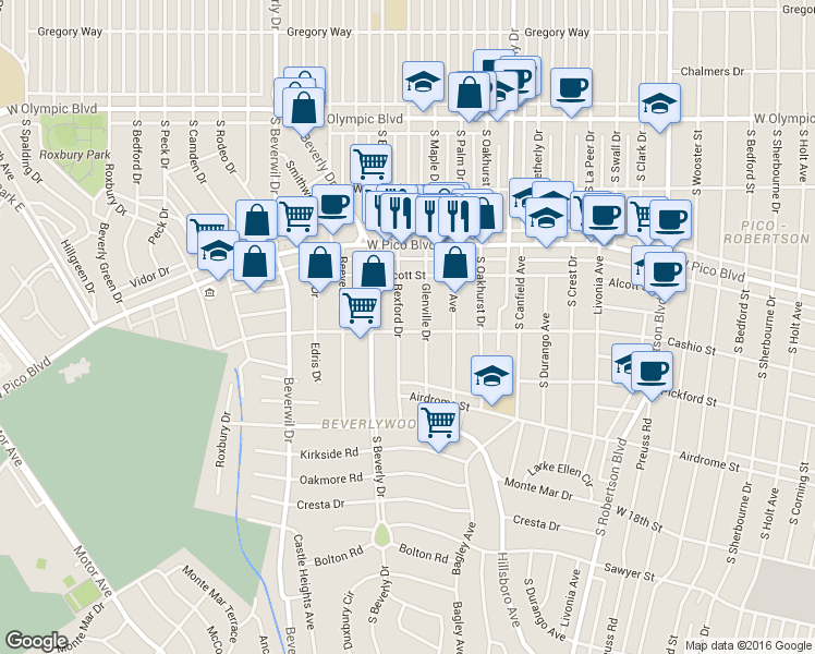 map of restaurants, bars, coffee shops, grocery stores, and more near 1477 Glenville Drive in Los Angeles