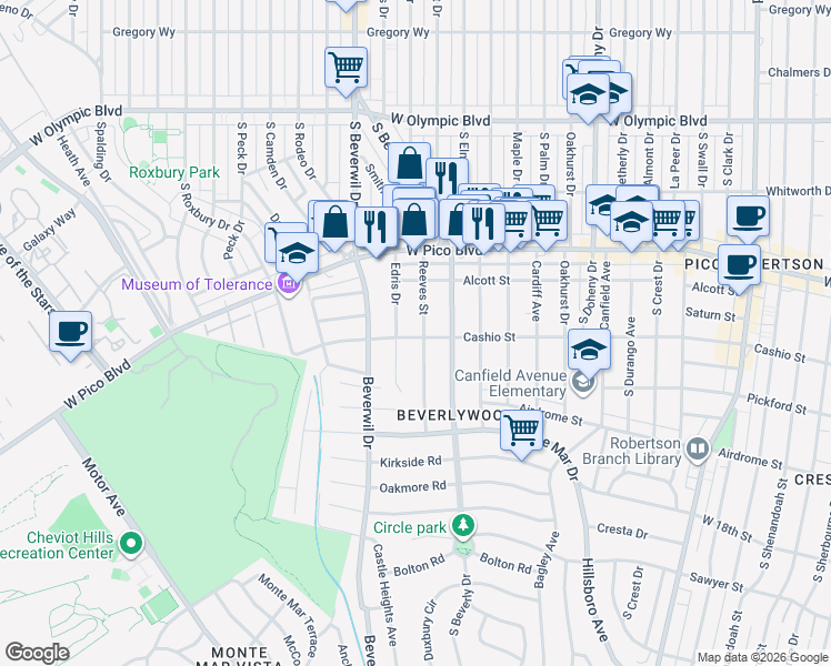map of restaurants, bars, coffee shops, grocery stores, and more near 1473 Reeves Street in Los Angeles