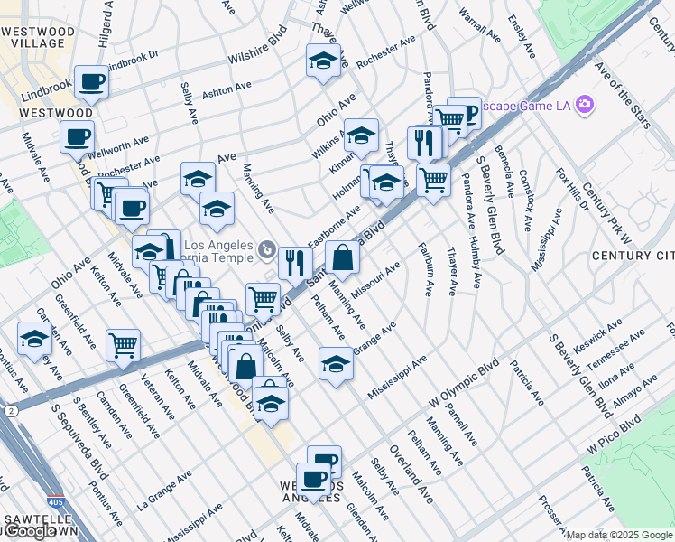 map of restaurants, bars, coffee shops, grocery stores, and more near 10683 Santa Monica Boulevard in Los Angeles
