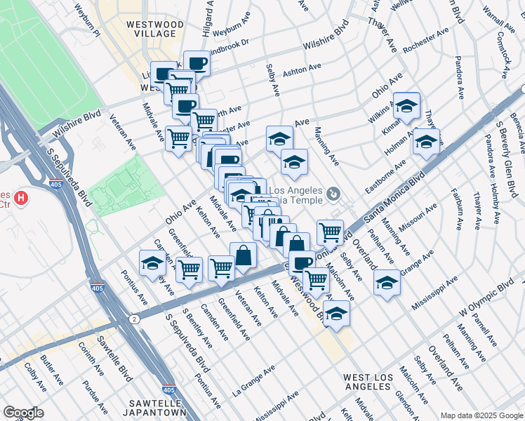 map of restaurants, bars, coffee shops, grocery stores, and more near 10838 Holman Avenue in Los Angeles