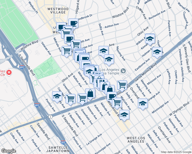 map of restaurants, bars, coffee shops, grocery stores, and more near 10838 Holman Avenue in Los Angeles