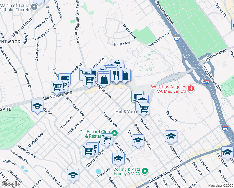 map of restaurants, bars, coffee shops, grocery stores, and more near 11627 Mayfield Avenue in Los Angeles