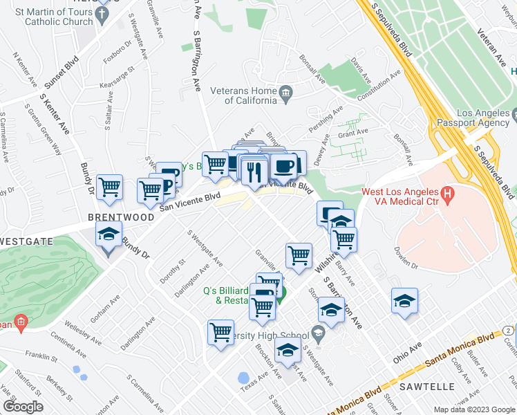 map of restaurants, bars, coffee shops, grocery stores, and more near 11681 Darlington Avenue in Los Angeles