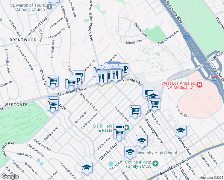 map of restaurants, bars, coffee shops, grocery stores, and more near 11705 Dorothy Street in Los Angeles